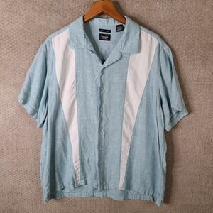 Haggar Shirt Mens XXL Blue White Washable Linen Blend Short Sleeve Button Up